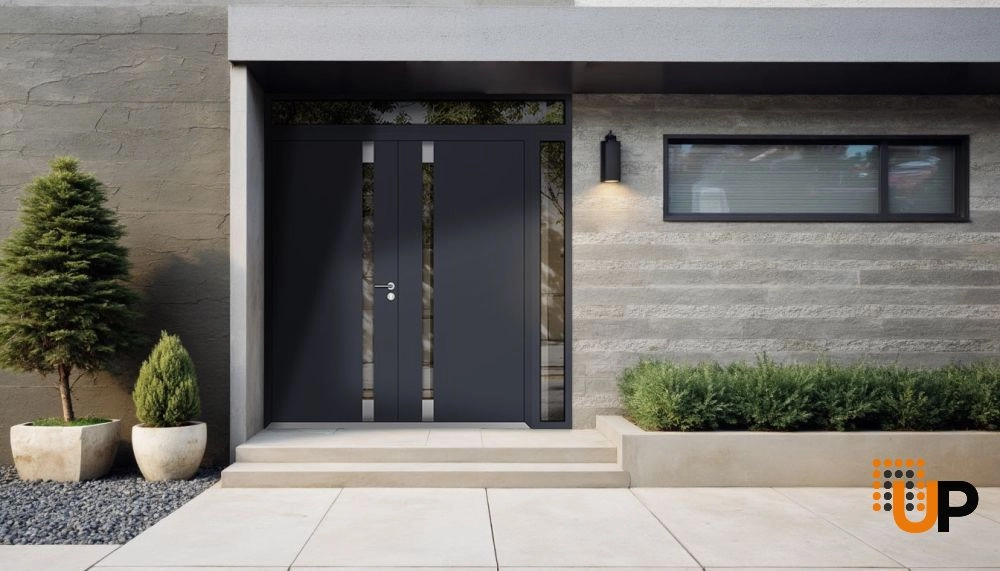 Double swing metal-aluminum modern exterior door with clear-mirrored glass | Cynex 6777 Black Enamel | 86 x 96 (72+14 x 80+16) photo#3