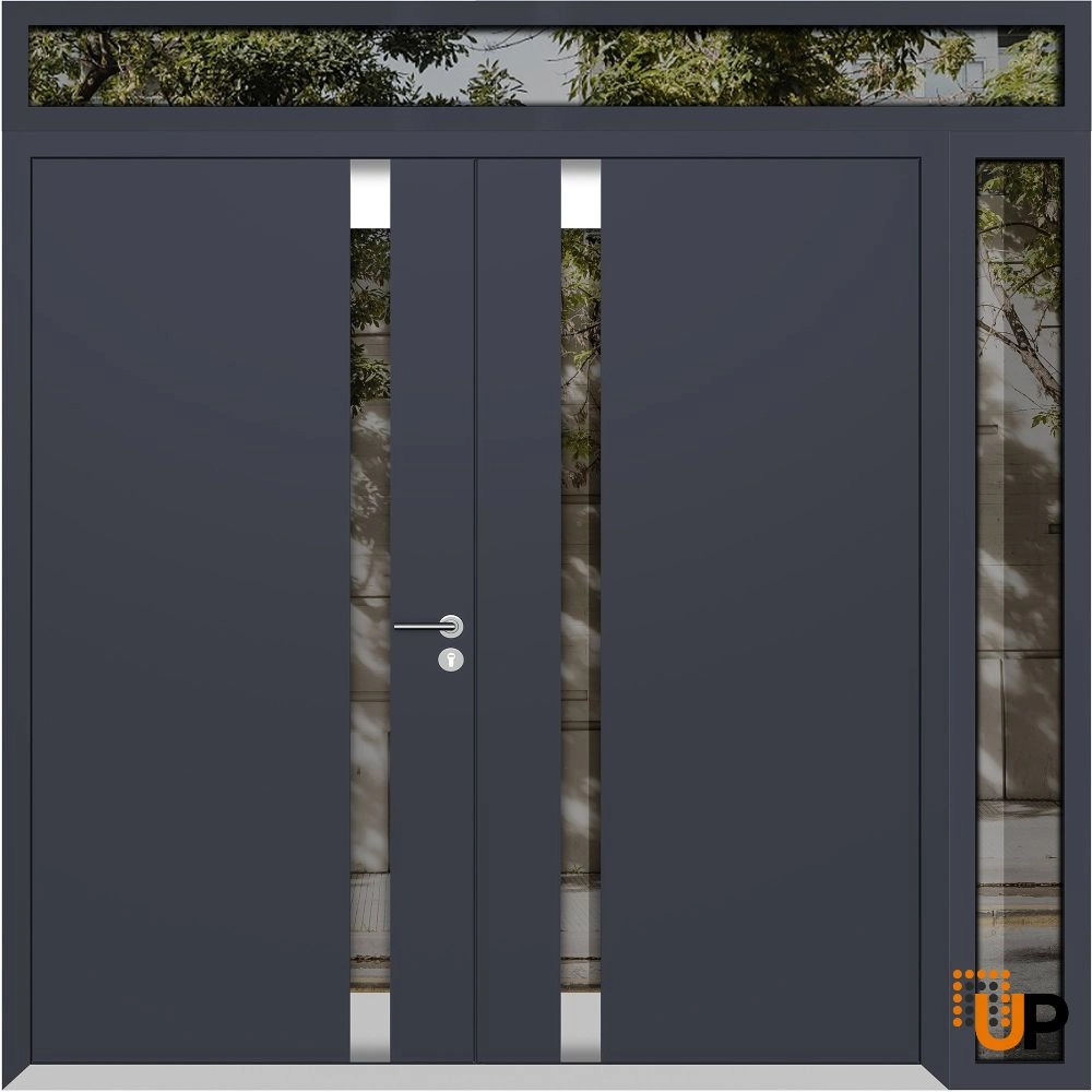 Double swing metal-aluminum modern exterior door with clear-mirrored glass | Cynex 6777 Black Enamel | 88 x 96 (72+16 x 80+16) photo#1