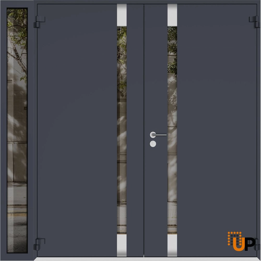 Double swing metal-aluminum modern exterior door with clear-mirrored glass | Cynex 6777 Black Enamel | 88 x 96 (72+16 x 96) photo#2
