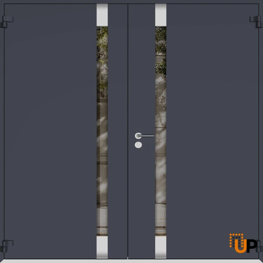 Double swing metal-aluminum modern exterior door with clear-mirrored glass | Cynex 6777 Black Enamel | 72 x 80 (72 x 80) photo#2