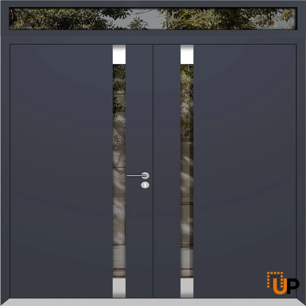 Double swing metal-aluminum modern exterior door with clear-mirrored glass | Cynex 6777 Black Enamel | 72 x 108 (72 x 96+12) photo#1