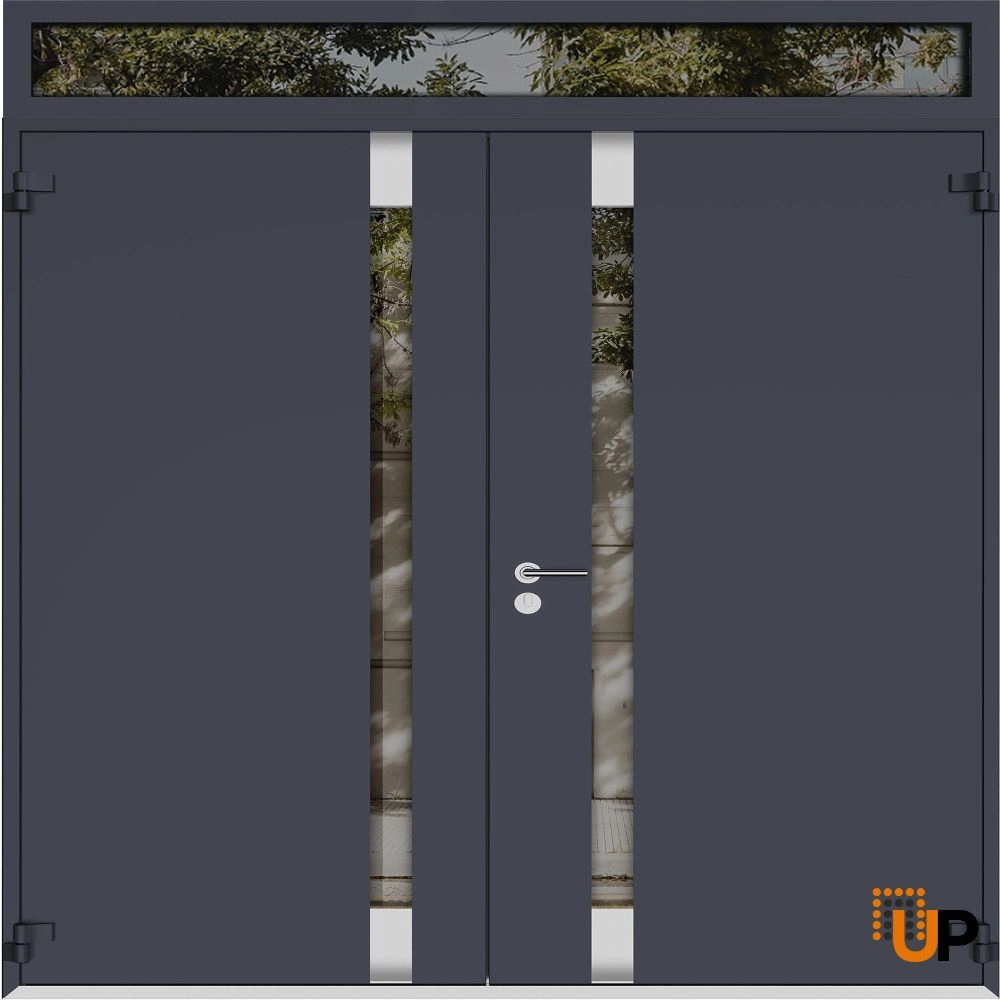 Double swing metal-aluminum modern exterior door with clear-mirrored glass | Cynex 6777 Black Enamel | 72 x 108 (72 x 96+12) photo#2