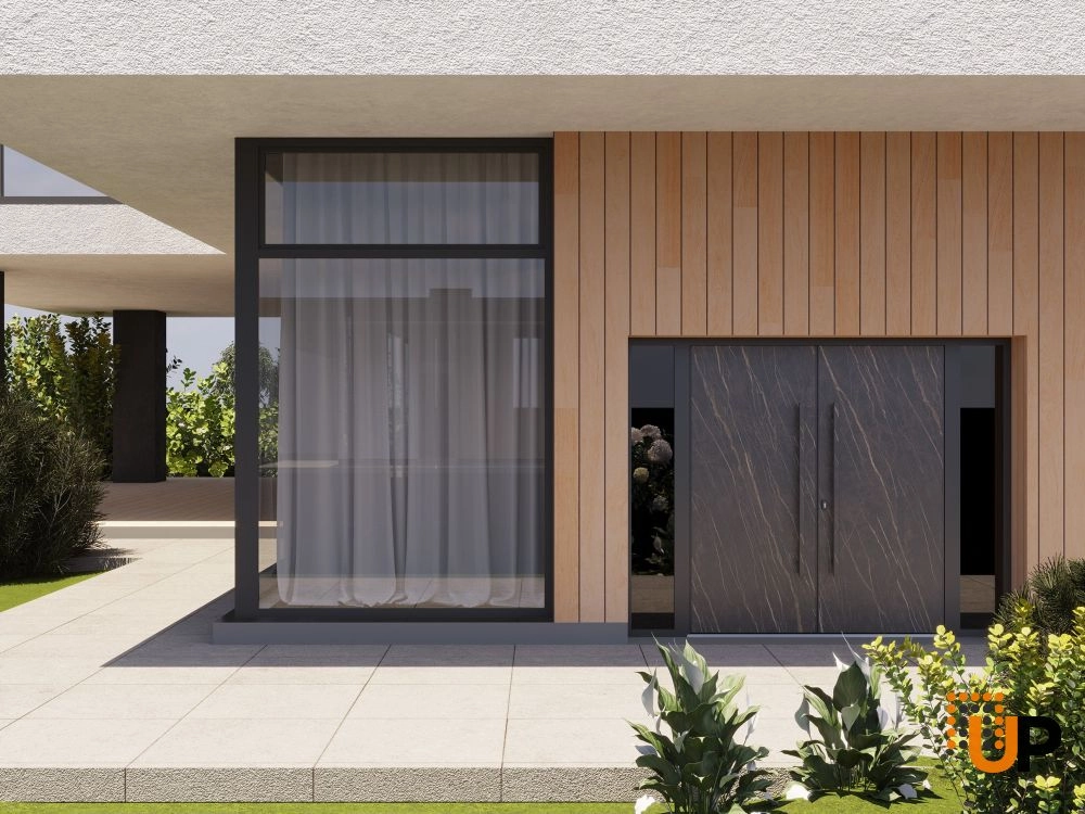 Double swing metal-aluminum modern exterior door with clear-mirrored glass | Dekton 0118 Natural Noir | 100 x 80 (14+72+14 x 80) photo#3