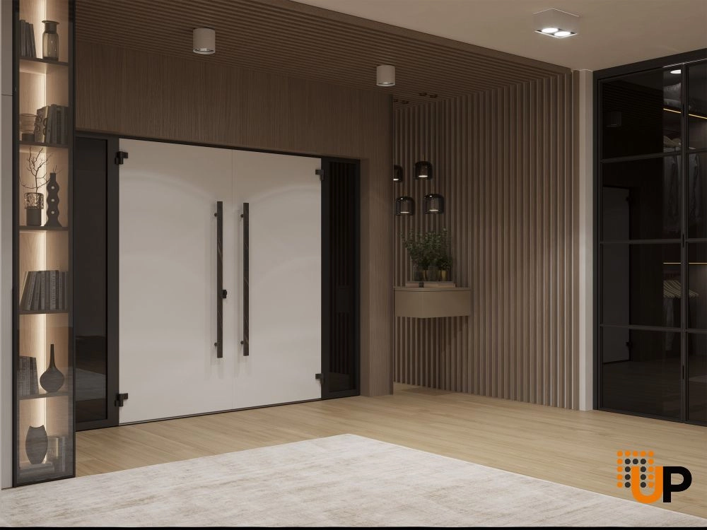 Double swing metal-aluminum modern exterior door with clear-mirrored glass | Dekton 0118 Natural Noir | 100 x 80 (14+72+14 x 80) photo#4