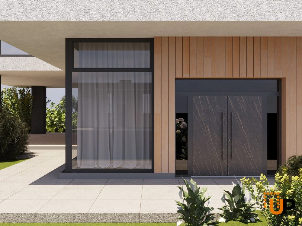 Double swing metal-aluminum modern exterior door with clear-mirrored glass | Dekton 0118 Natural Noir | 100 x 92 (14+72+14 x 80+12) photo#3