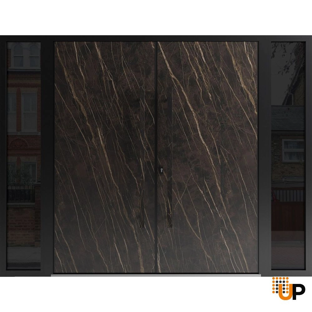 Double swing metal-aluminum modern exterior door with clear-mirrored glass | Dekton 0118 Natural Noir | 100 x 96 (14+72+14 x 96) photo#1