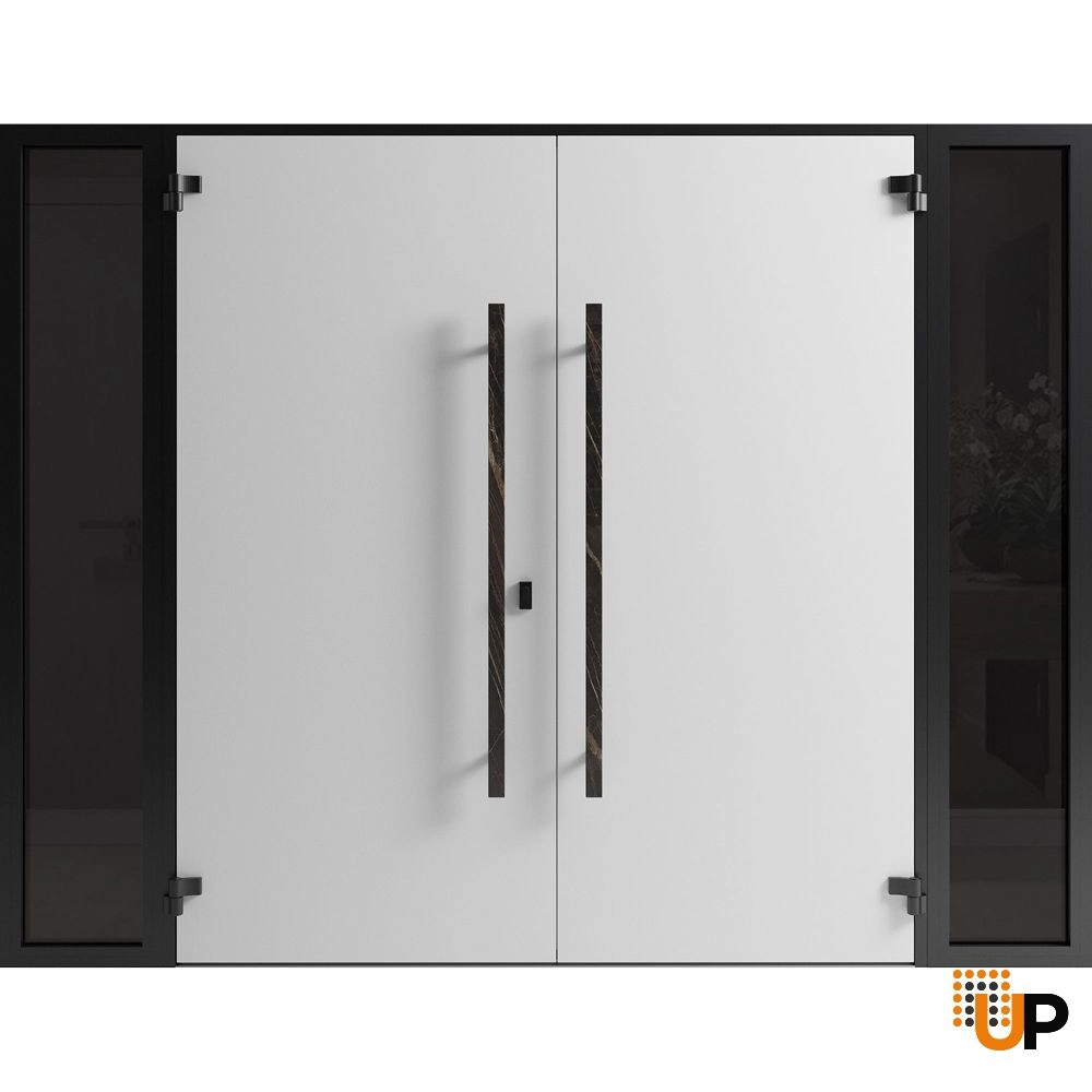 Double swing metal-aluminum modern exterior door with clear-mirrored glass | Dekton 0118 Natural Noir | 100 x 96 (14+72+14 x 96) photo#2