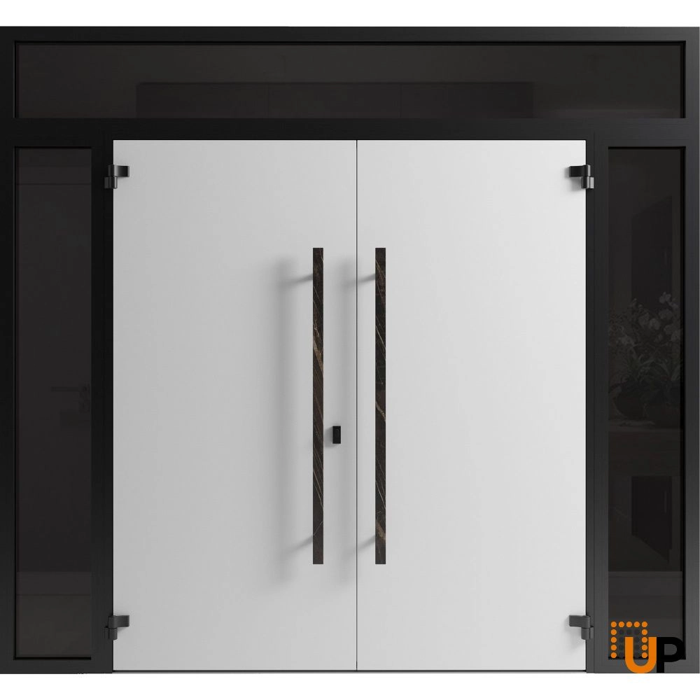 Double swing metal-aluminum modern exterior door with clear-mirrored glass | Dekton 0118 Natural Noir | 100 x 110 (14+72+14 x 96+14) photo#2