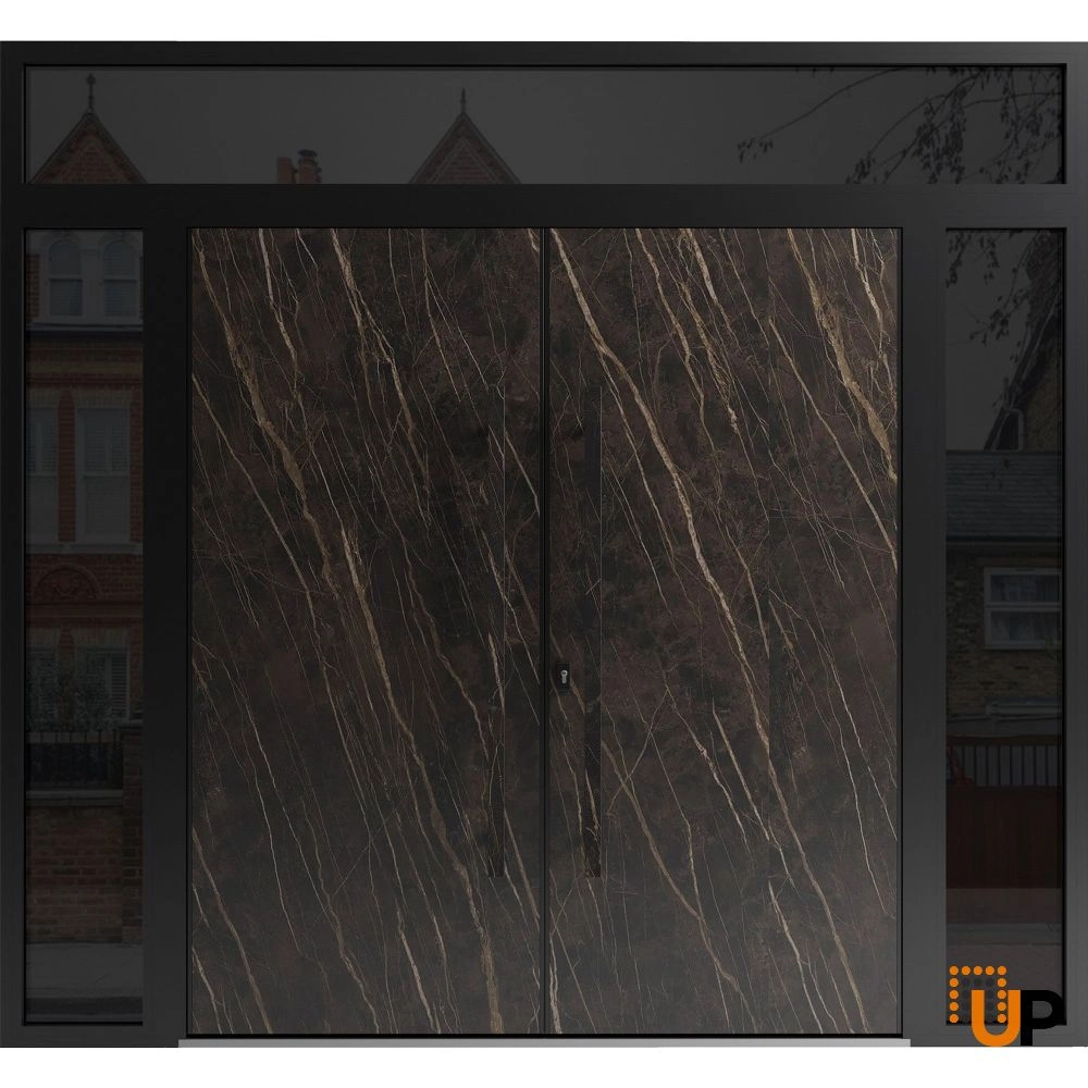 Double swing metal-aluminum modern exterior door with clear-mirrored glass | Dekton 0118 Natural Noir | 104 x 92 (16+72+16 x 80+12) photo#1