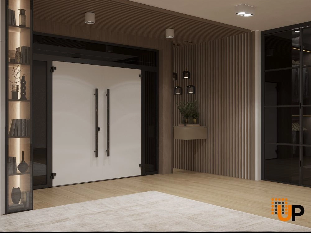 Double swing metal-aluminum modern exterior door with clear-mirrored glass | Dekton 0118 Natural Noir | 104 x 112 (16+72+16 x 96+16) photo#4