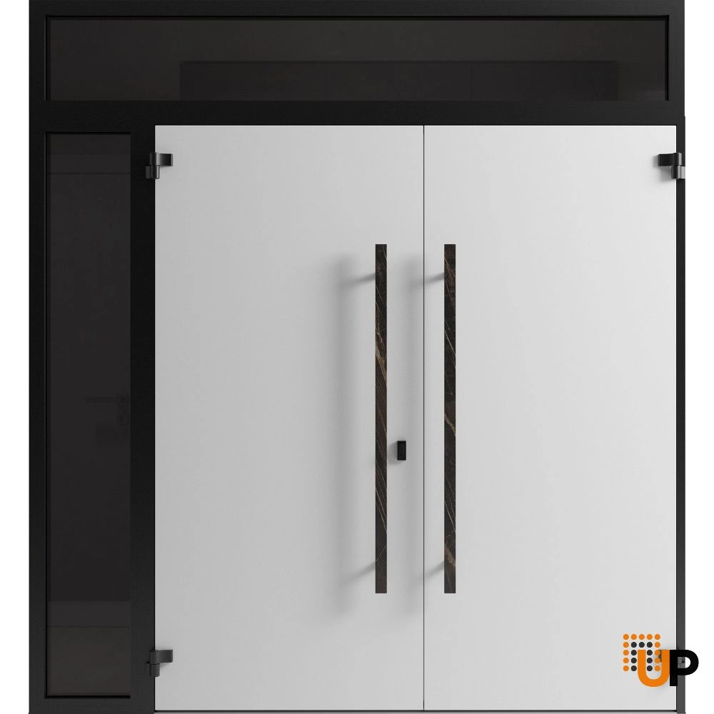 Double swing metal-aluminum modern exterior door with clear-mirrored glass | Dekton 0118 Natural Noir | 84 x 92 (72+12 x 80+12) photo#2