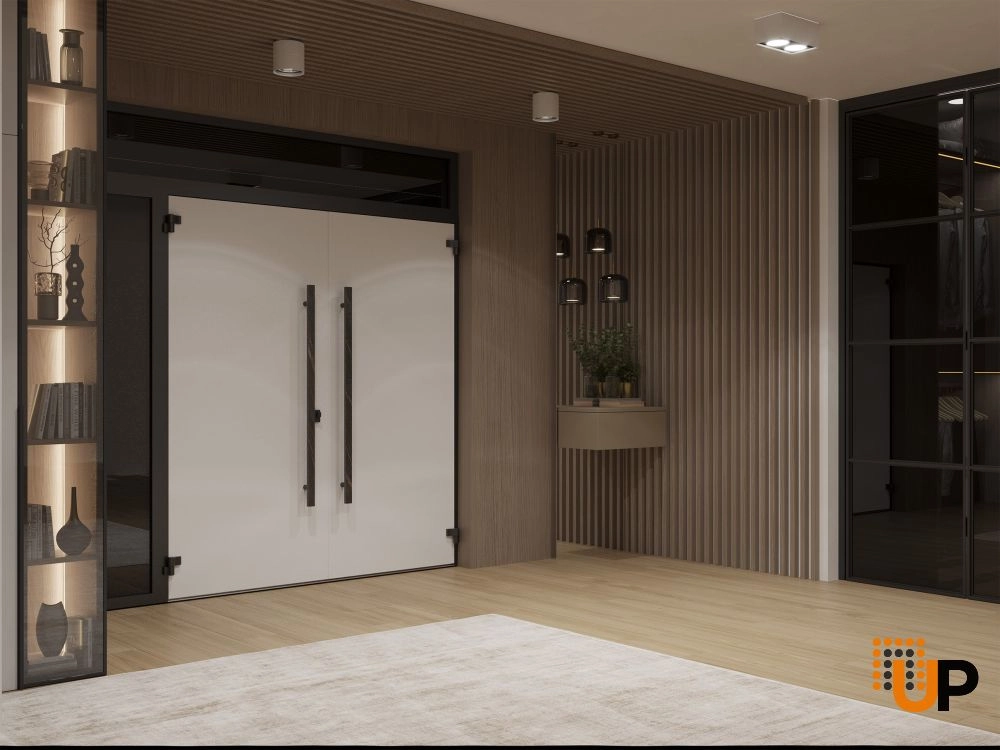Double swing metal-aluminum modern exterior door with clear-mirrored glass | Dekton 0118 Natural Noir | 84 x 92 (72+12 x 80+12) photo#4