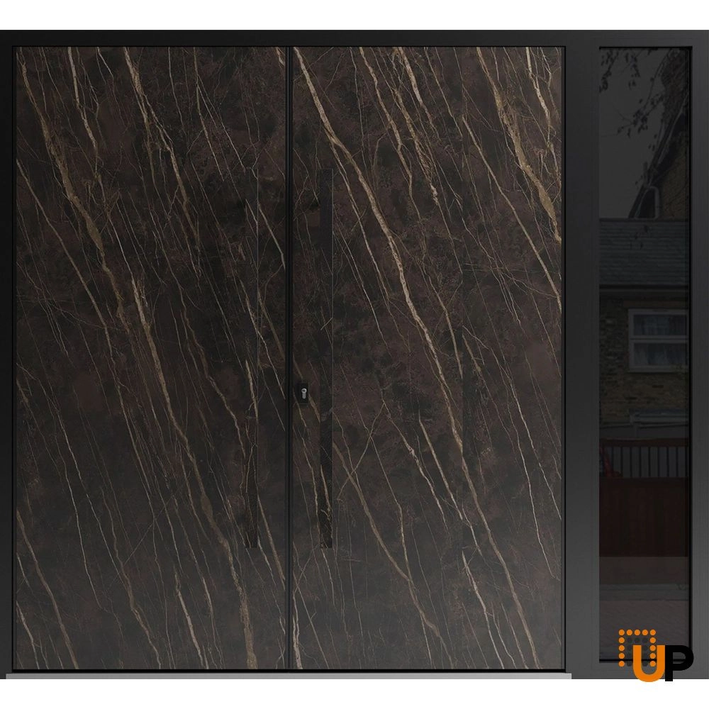 Double swing metal-aluminum modern exterior door with clear-mirrored glass | Dekton 0118 Natural Noir | 86 x 80 (72+14 x 80) photo#1