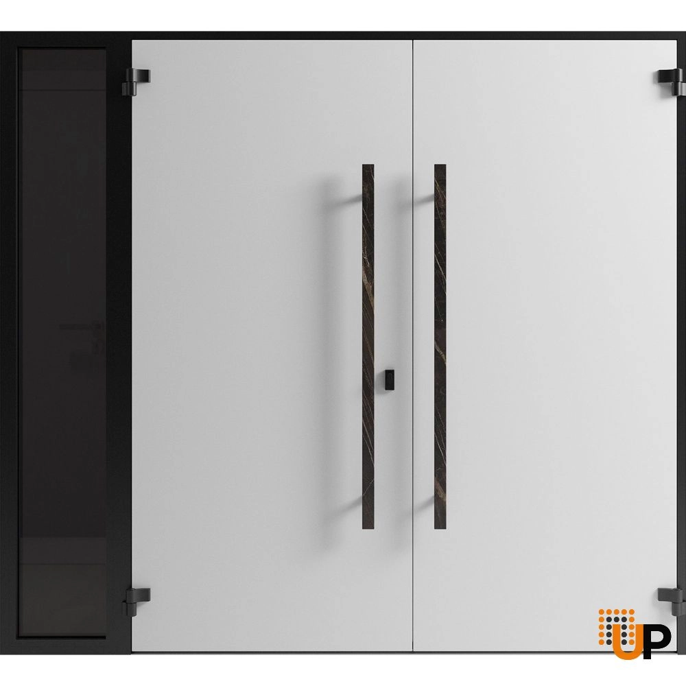 Double swing metal-aluminum modern exterior door with clear-mirrored glass | Dekton 0118 Natural Noir | 86 x 80 (72+14 x 80) photo#2