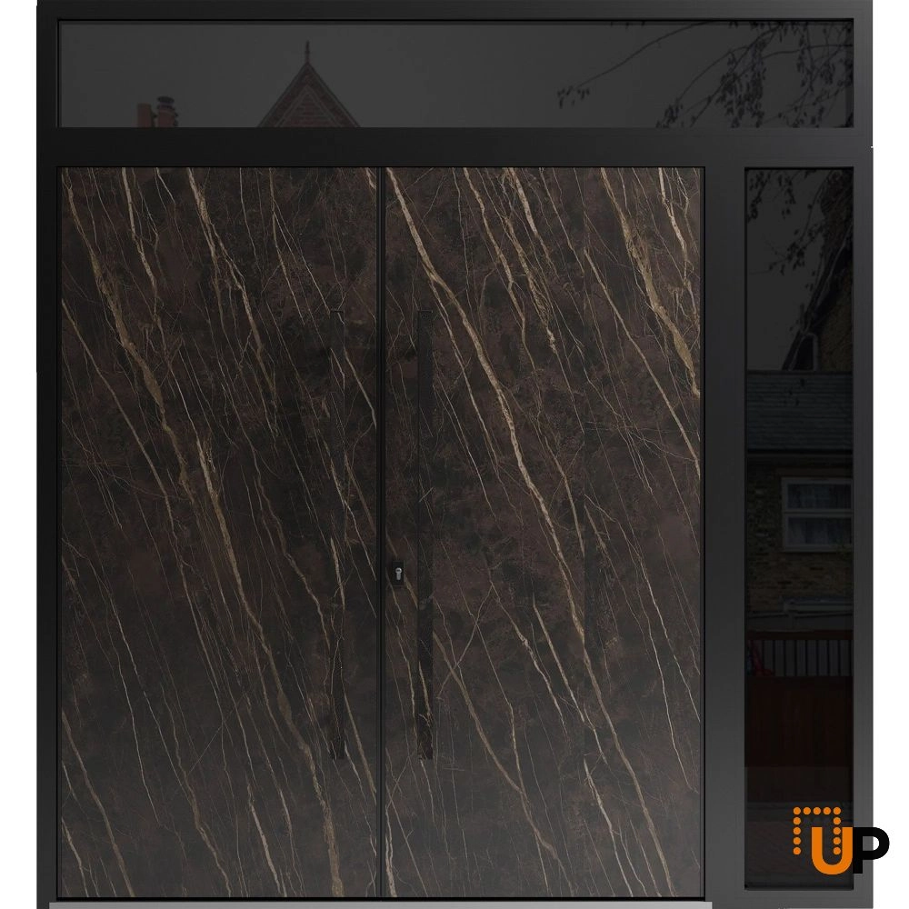Double swing metal-aluminum modern exterior door with clear-mirrored glass | Dekton 0118 Natural Noir | 86 x 92 (72+14 x 80+12) photo#1