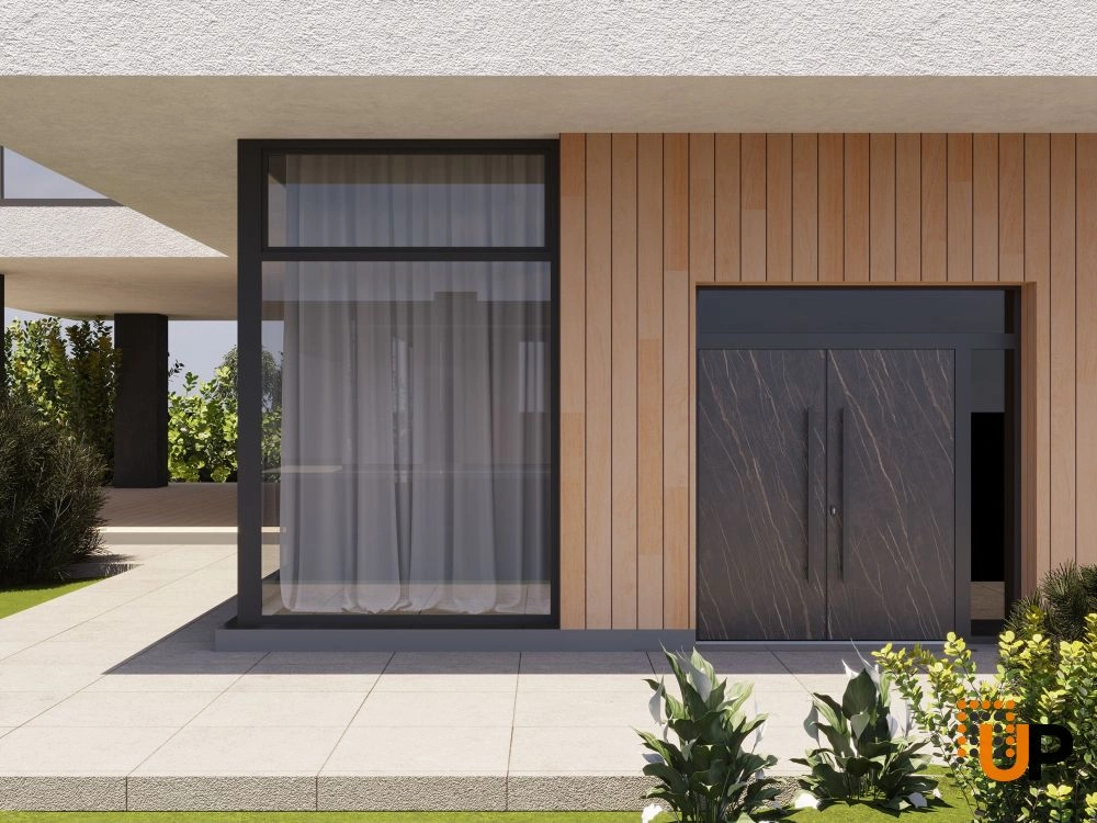 Double swing metal-aluminum modern exterior door with clear-mirrored glass | Dekton 0118 Natural Noir | 86 x 108 (72+14 x 96+12) photo#3