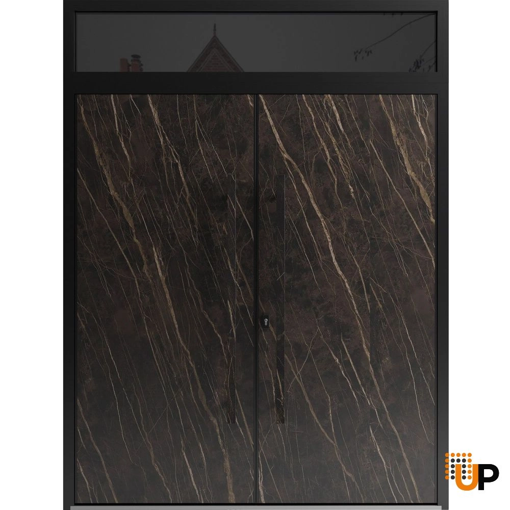 Double swing metal-aluminum modern exterior door with clear-mirrored glass | Dekton 0118 Natural Noir | 72 x 96 (72 x 80+16) photo#1