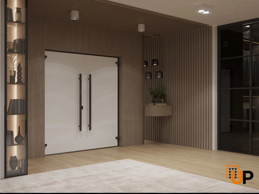 Double swing metal-aluminum modern exterior door with clear-mirrored glass | Dekton 0118 Natural Noir | 72 x 96 (72 x 96) photo#4