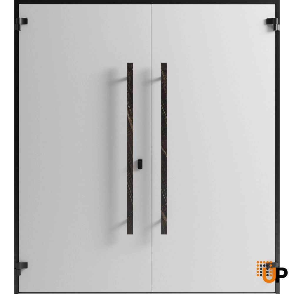 Double swing metal-aluminum modern exterior door with clear-mirrored glass | Dekton 0118 Natural Noir | 72 x 96 (72 x 96) photo#2