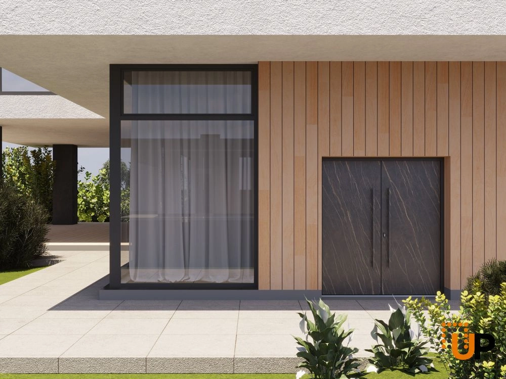 Double swing metal-aluminum modern exterior door with clear-mirrored glass | Dekton 0118 Natural Noir | 72 x 96 (72 x 96) photo#3