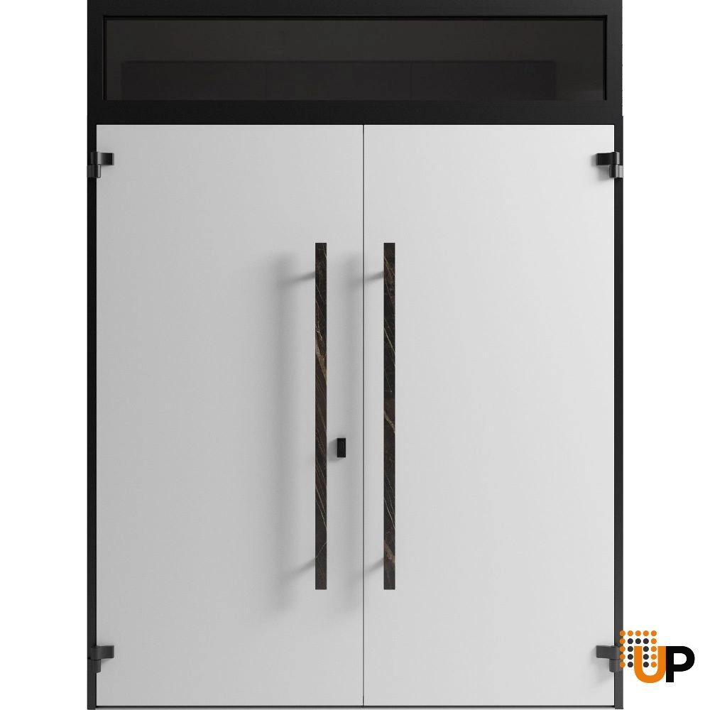 Double swing metal-aluminum modern exterior door with clear-mirrored glass | Dekton 0118 Natural Noir | 72 x 110 (72 x 96+14) photo#2