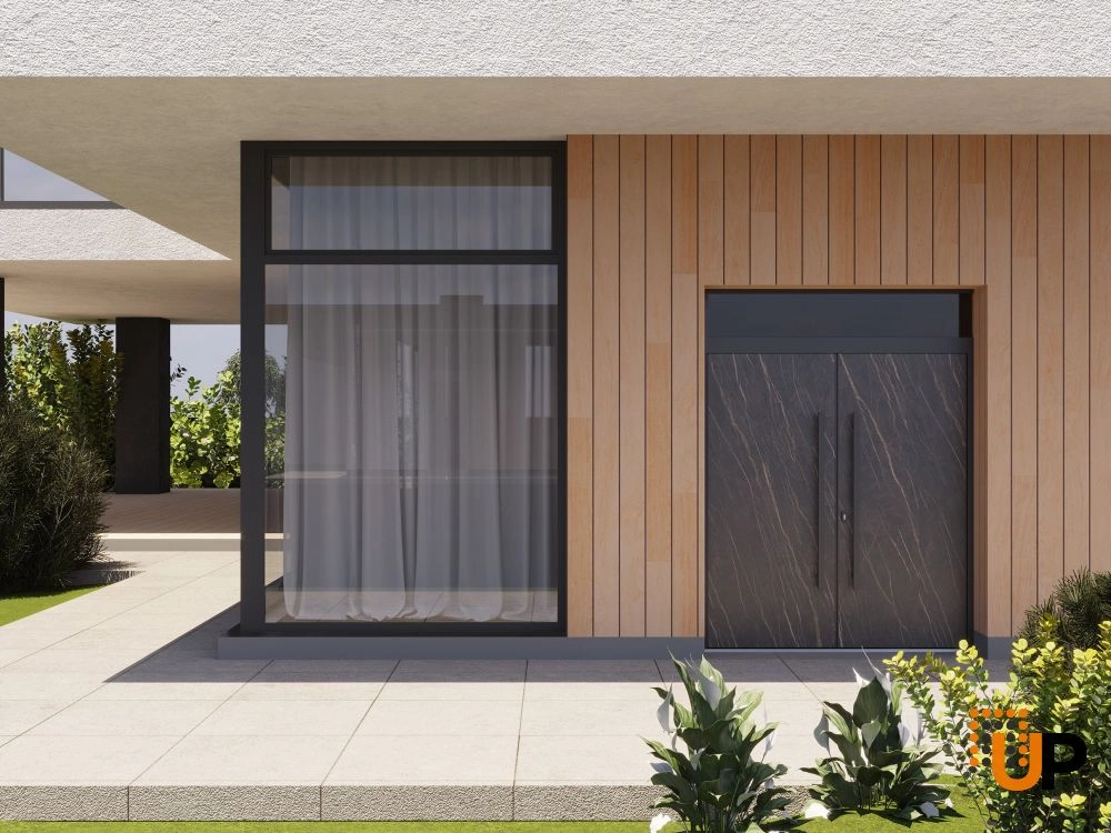 Double swing metal-aluminum modern exterior door with clear-mirrored glass | Dekton 0118 Natural Noir | 72 x 110 (72 x 96+14) photo#3