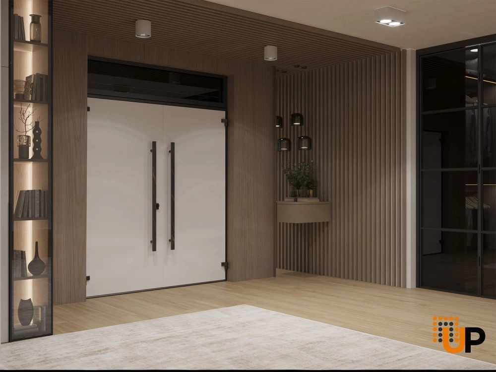 Double swing metal-aluminum modern exterior door with clear-mirrored glass | Dekton 0118 Natural Noir | 72 x 110 (72 x 96+14) photo#4