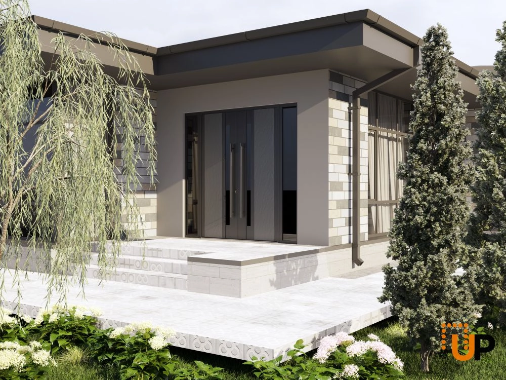 Double swing metal-aluminum modern exterior door with tinted clear-mirrored glass | Dekton 0163 Ardesia Nero | 96 x 80 (12+72+12 x 80) photo#3