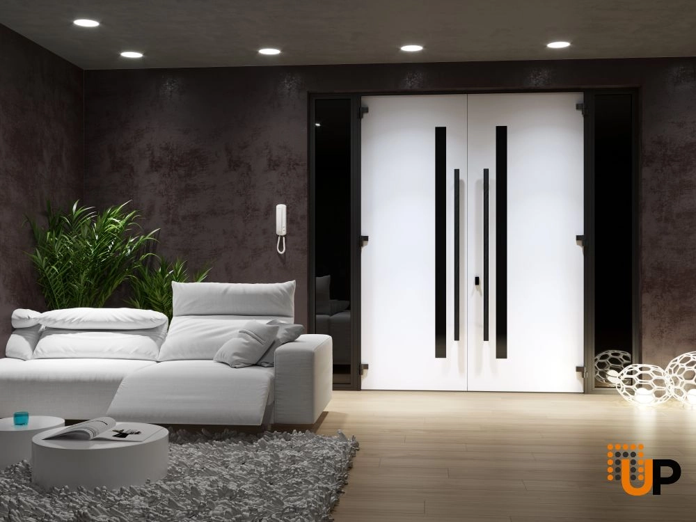 Double swing metal-aluminum modern exterior door with tinted clear-mirrored glass | Dekton 0163 Ardesia Nero | 96 x 80 (12+72+12 x 80) photo#4