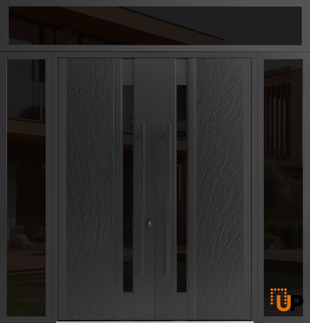 Double swing metal-aluminum modern exterior door with tinted clear-mirrored glass | Dekton 0163 Ardesia Nero | 96 x 92 (12+72+12 x 80+12) photo#1