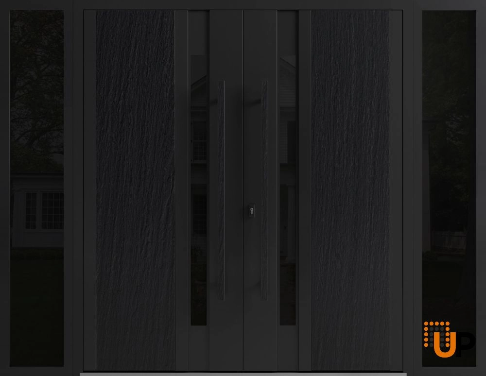 Double swing metal-aluminum modern exterior door with tinted clear-mirrored glass | Dekton 0163 Ardesia Nero | 96 x 96 (12+72+12 x 96) photo#1