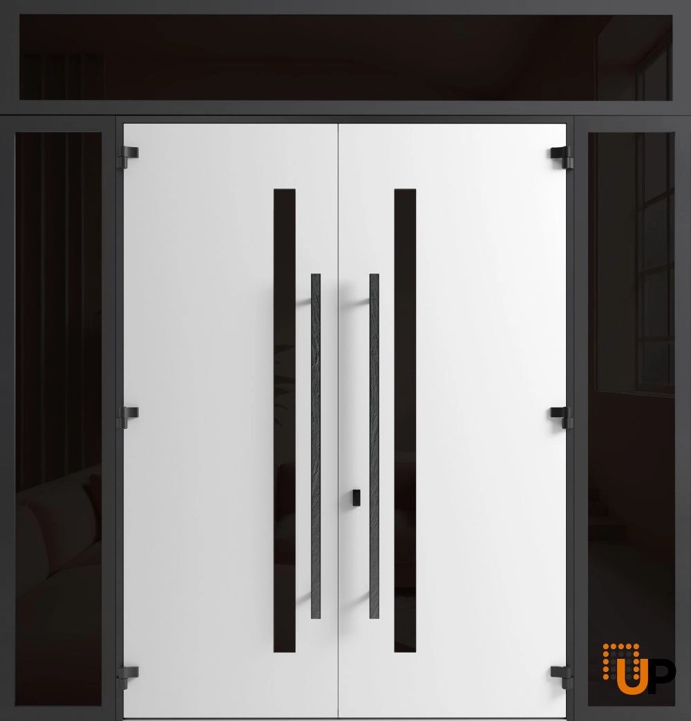 Double swing metal-aluminum modern exterior door with tinted clear-mirrored glass | Dekton 0163 Ardesia Nero | 100 x 108 (14+72+14 x 96+12) photo#2