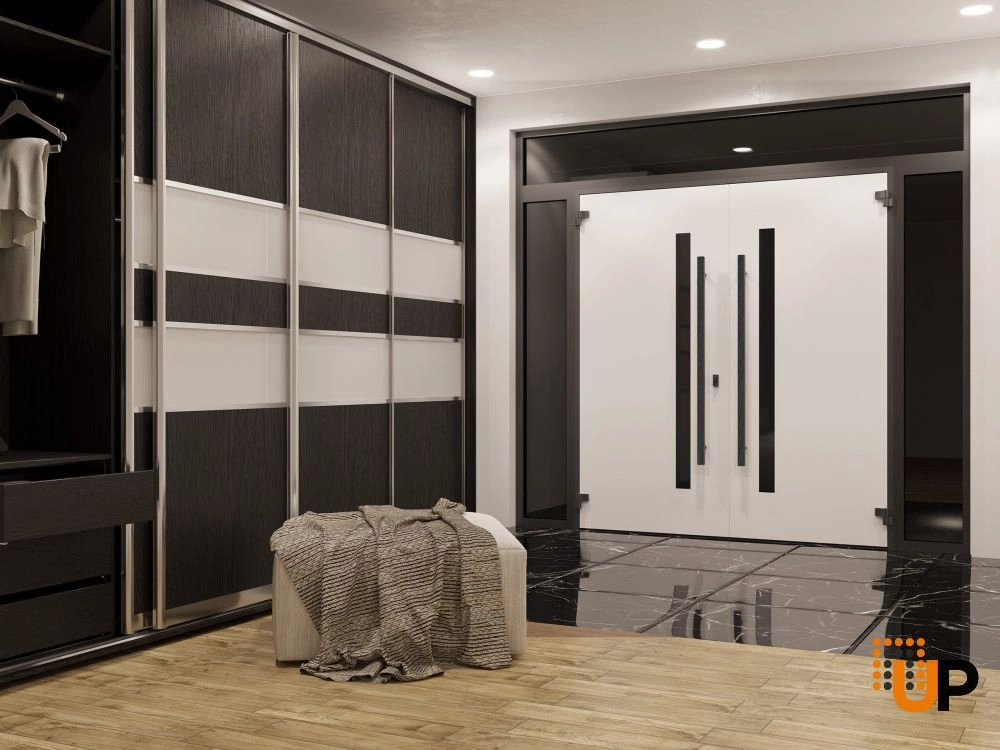 Double swing metal-aluminum modern exterior door with tinted clear-mirrored glass | Dekton 0163 Ardesia Nero | 100 x 110 (14+72+14 x 96+14) photo#4