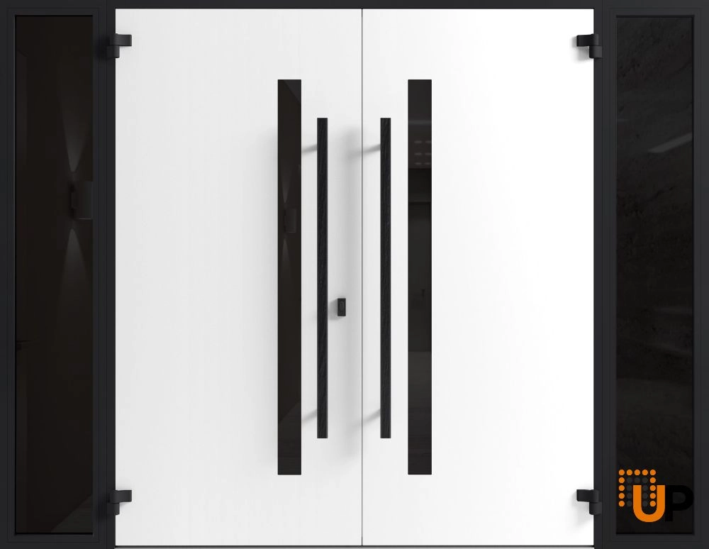 Double swing metal-aluminum modern exterior door with tinted clear-mirrored glass | Dekton 0163 Ardesia Nero | 104 x 80 (16+72+16 x 80) photo#2