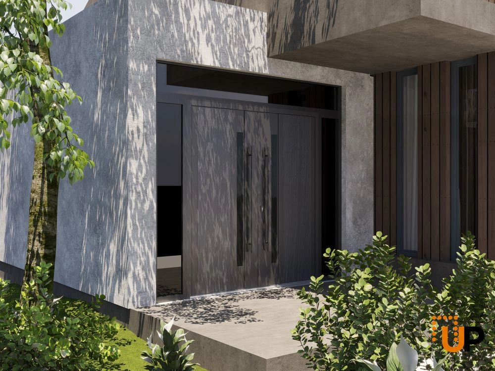 Double swing metal-aluminum modern exterior door with tinted clear-mirrored glass | Dekton 0163 Ardesia Nero | 104 x 96 (16+72+16 x 80+16) photo#3
