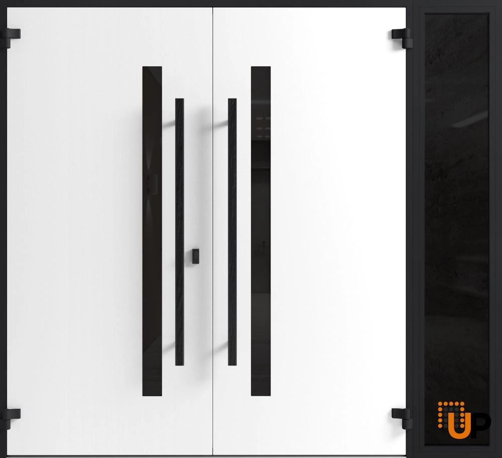 Double swing metal-aluminum modern exterior door with tinted clear-mirrored glass | Dekton 0163 Ardesia Nero | 84 x 96 (72+12 x 96) photo#2