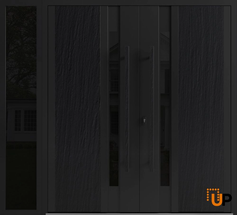 Double swing metal-aluminum modern exterior door with tinted clear-mirrored glass | Dekton 0163 Ardesia Nero | 86 x 80 (72+14 x 80) photo#1