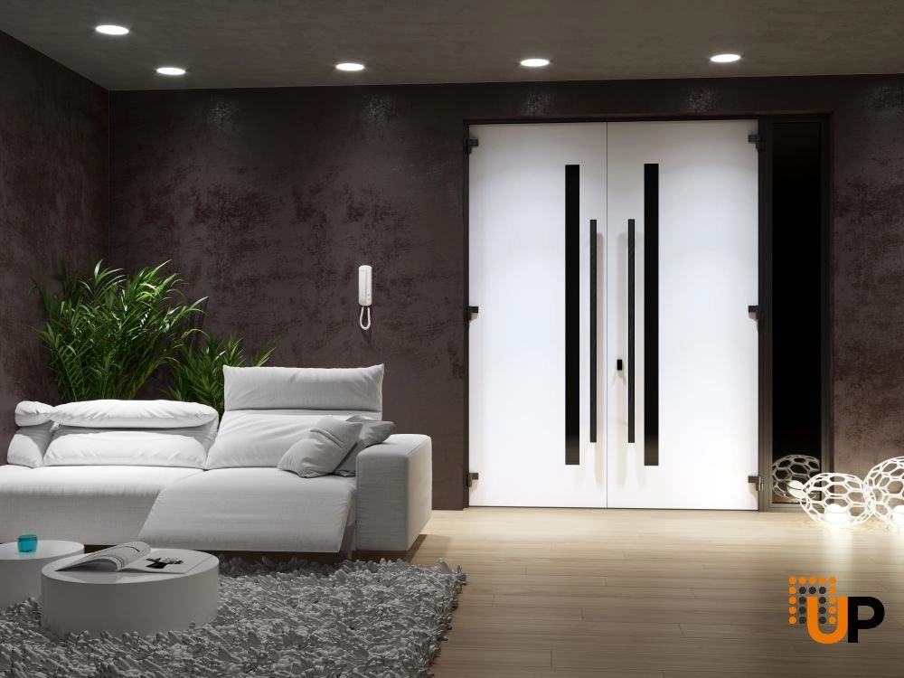 Double swing metal-aluminum modern exterior door with tinted clear-mirrored glass | Dekton 0163 Ardesia Nero | 86 x 96 (72+14 x 96) photo#4