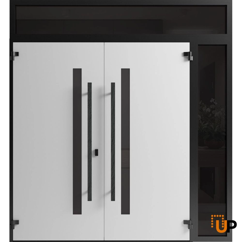 Double swing metal-aluminum modern exterior door with tinted clear-mirrored glass | Dekton 0163 Ardesia Nero | 86 x 108 (72+14 x 96+12) photo#2