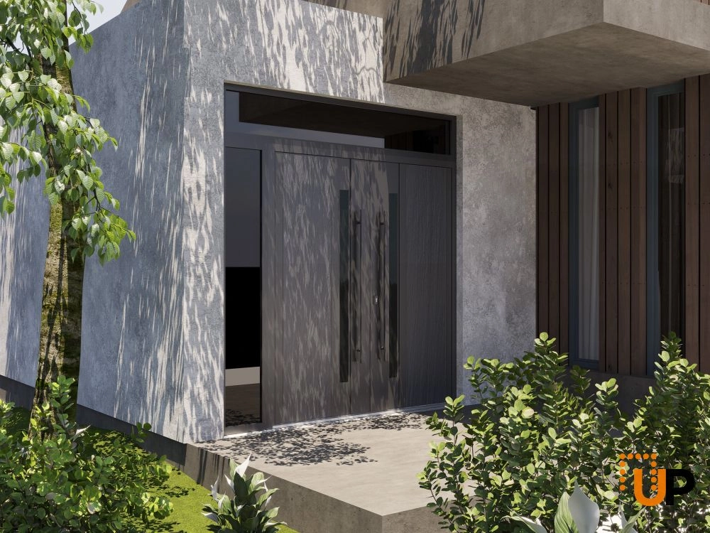 Double swing metal-aluminum modern exterior door with tinted clear-mirrored glass | Dekton 0163 Ardesia Nero | 86 x 110 (72+14 x 96+14) photo#3