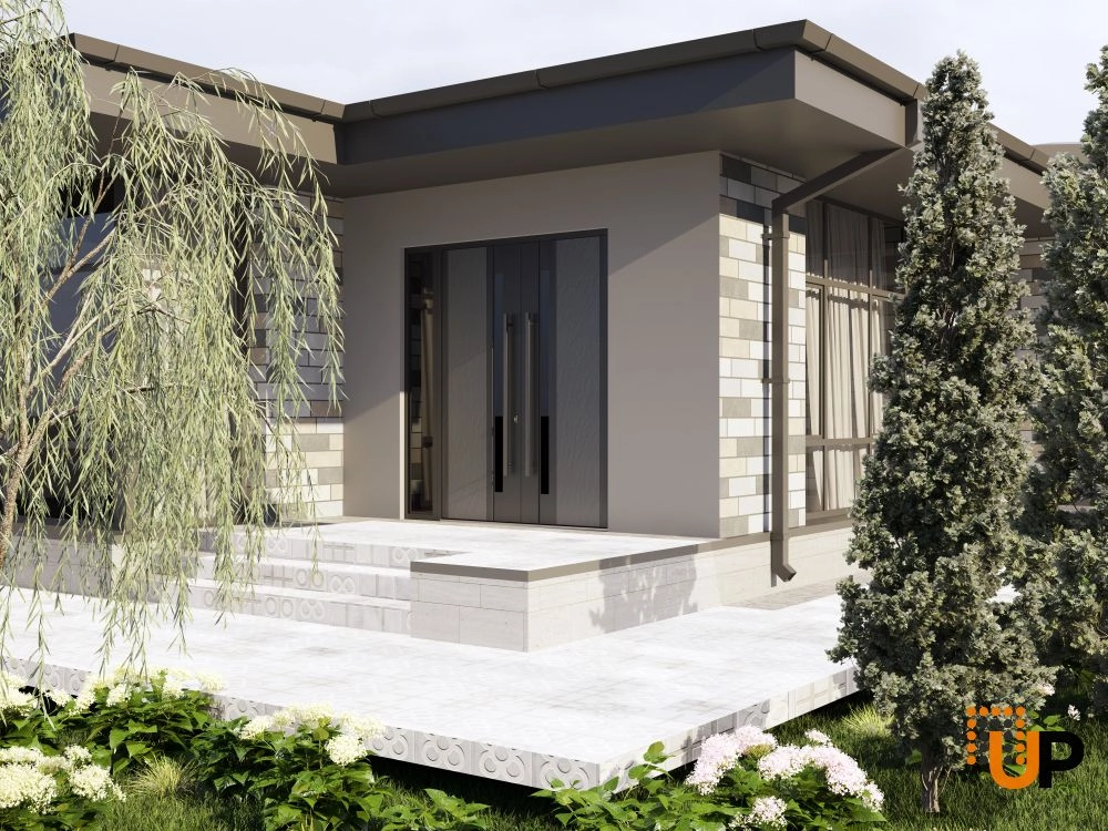 Double swing metal-aluminum modern exterior door with tinted clear-mirrored glass | Dekton 0163 Ardesia Nero | 88 x 80 (72+16 x 80) photo#3