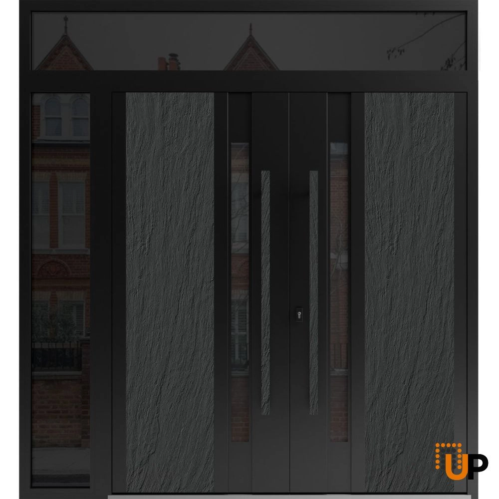 Double swing metal-aluminum modern exterior door with tinted clear-mirrored glass | Dekton 0163 Ardesia Nero | 88 x 108 (72+16 x 96+12) photo#1