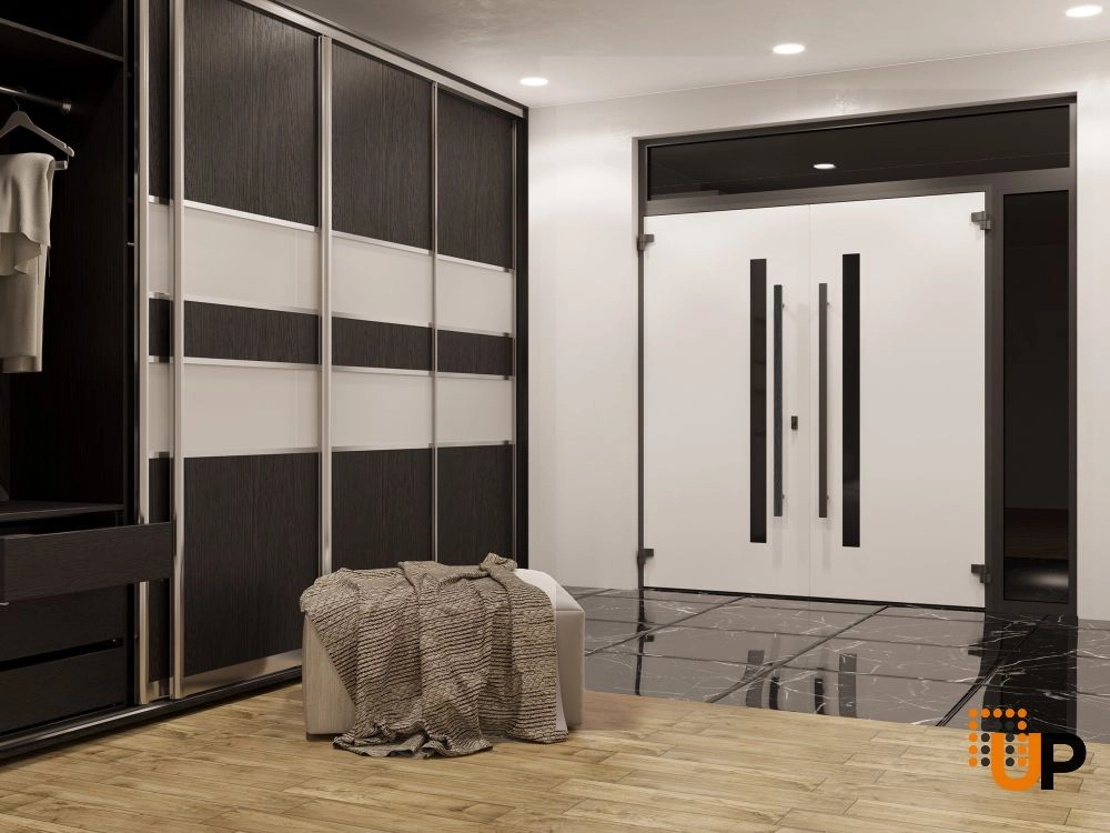 Double swing metal-aluminum modern exterior door with tinted clear-mirrored glass | Dekton 0163 Ardesia Nero | 88 x 110 (72+16 x 96+14) photo#4
