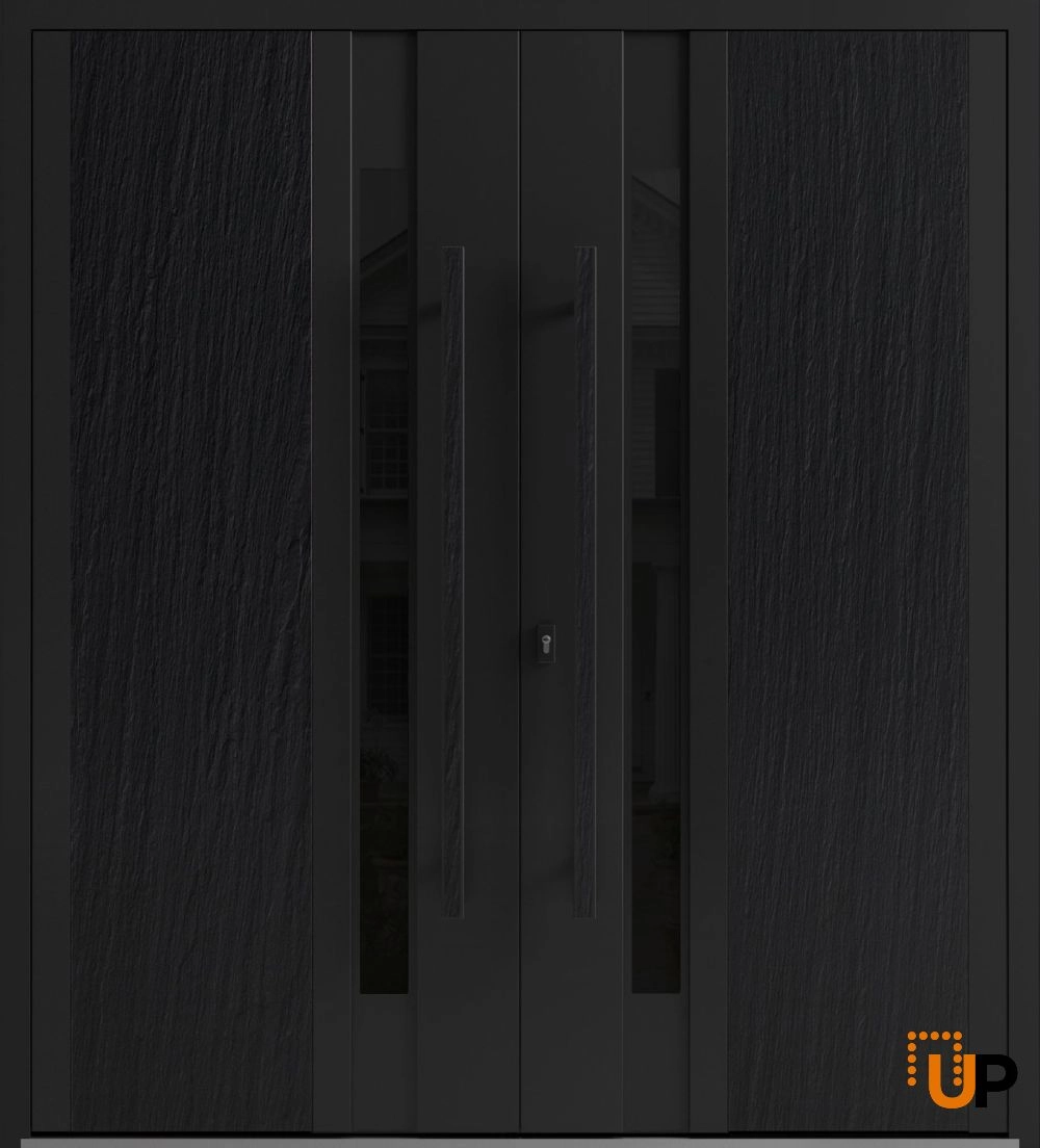 Double swing metal-aluminum modern exterior door with tinted clear-mirrored glass | Dekton 0163 Ardesia Nero | 60 x 80 (60 x 80) photo#1