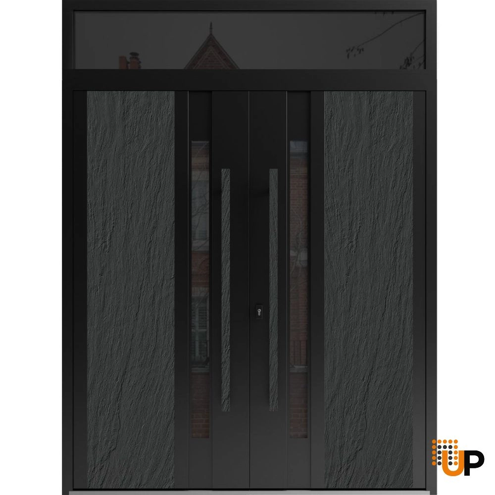 Double swing metal-aluminum modern exterior door with tinted clear-mirrored glass | Dekton 0163 Ardesia Nero | 72 x 108 (72 x 96+12) photo#1