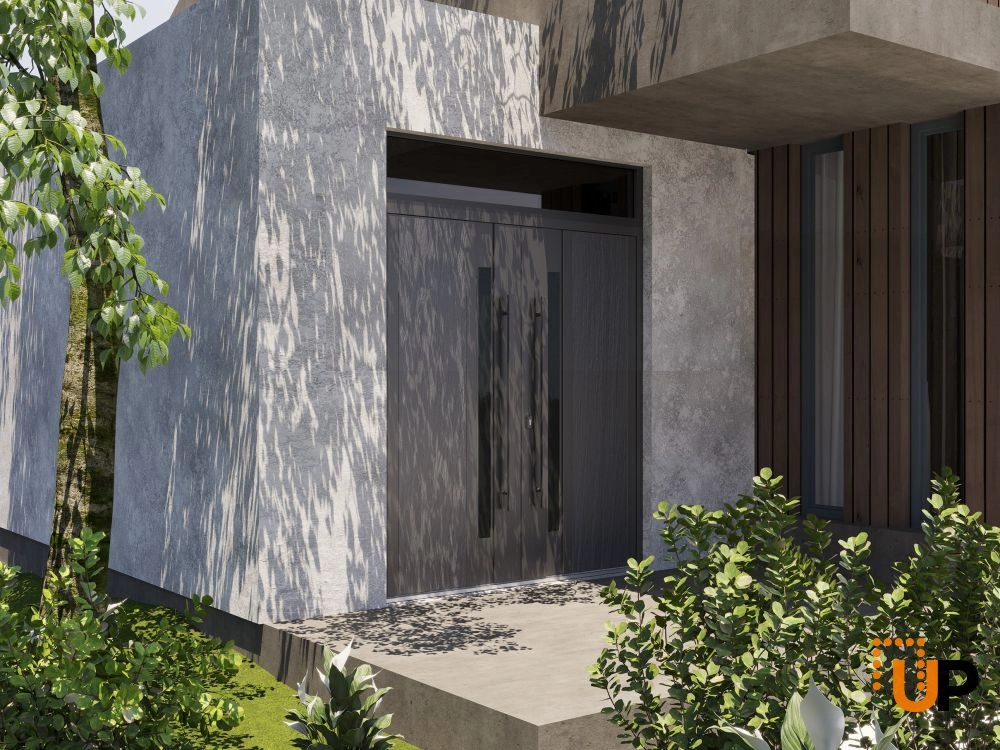 Double swing metal-aluminum modern exterior door with tinted clear-mirrored glass | Dekton 0163 Ardesia Nero | 72 x 108 (72 x 96+12) photo#3