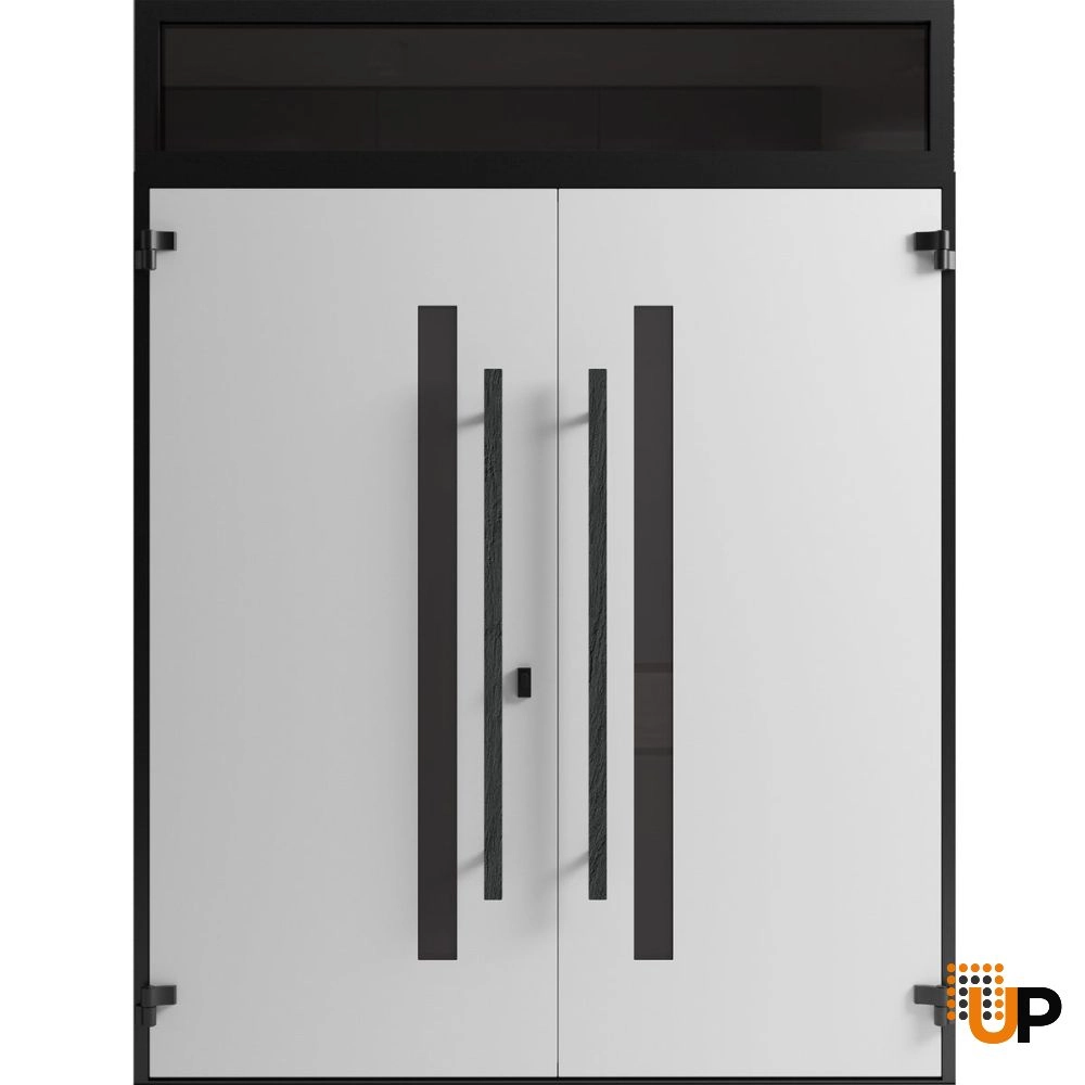 Double swing metal-aluminum modern exterior door with tinted clear-mirrored glass | Dekton 0163 Ardesia Nero | 72 x 110 (72 x 96+14) photo#2