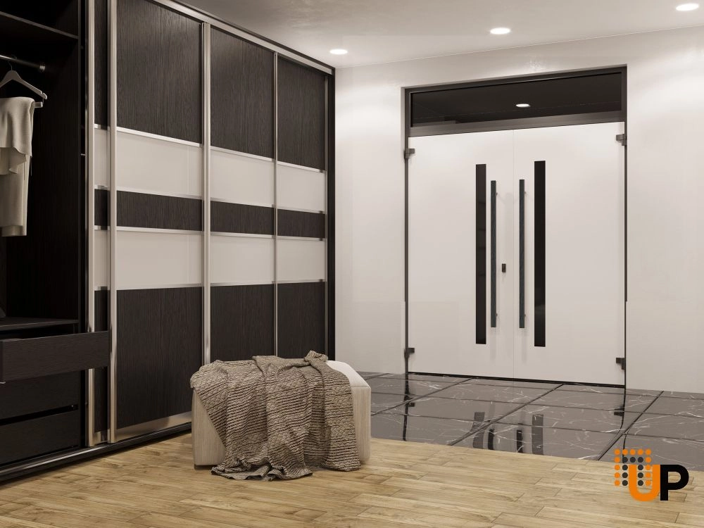 Double swing metal-aluminum modern exterior door with tinted clear-mirrored glass | Dekton 0163 Ardesia Nero | 72 x 112 (72 x 96+16) photo#4
