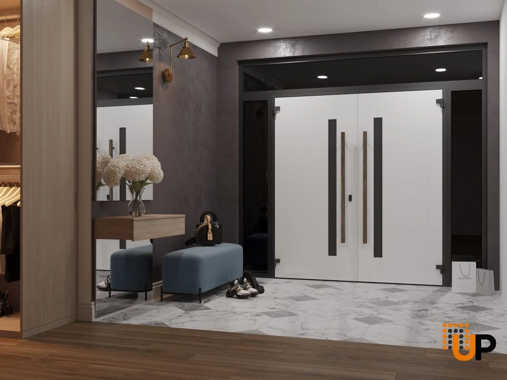 Double swing metal-aluminum modern exterior door with tinted clear-mirrored glass | Dekton 0163 Venezia Noce | 96 x 92 (12+72+12 x 80+12) photo#4