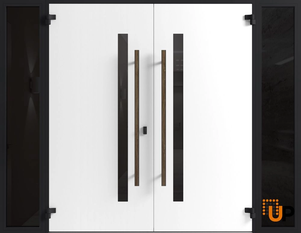 Double swing metal-aluminum modern exterior door with tinted clear-mirrored glass | Dekton 0163 Venezia Noce | 100 x 96 (14+72+14 x 96) photo#2